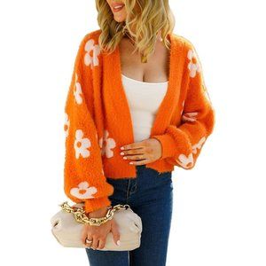 Women's Long Sleeve Open Front Cardigan Loose Knit Floral Casual Sweater